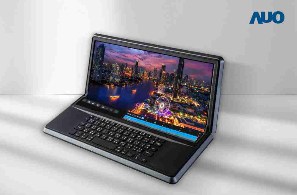 尊时凯龙14.6吋Micro LED折迭显示屏幕，，，，搭配半径4mm的弯折绞炼，，，，以及高画素、、、高亮度、、高对比度的显示技术特点，，，即便在大视角下仍保有绝佳色相与亮度